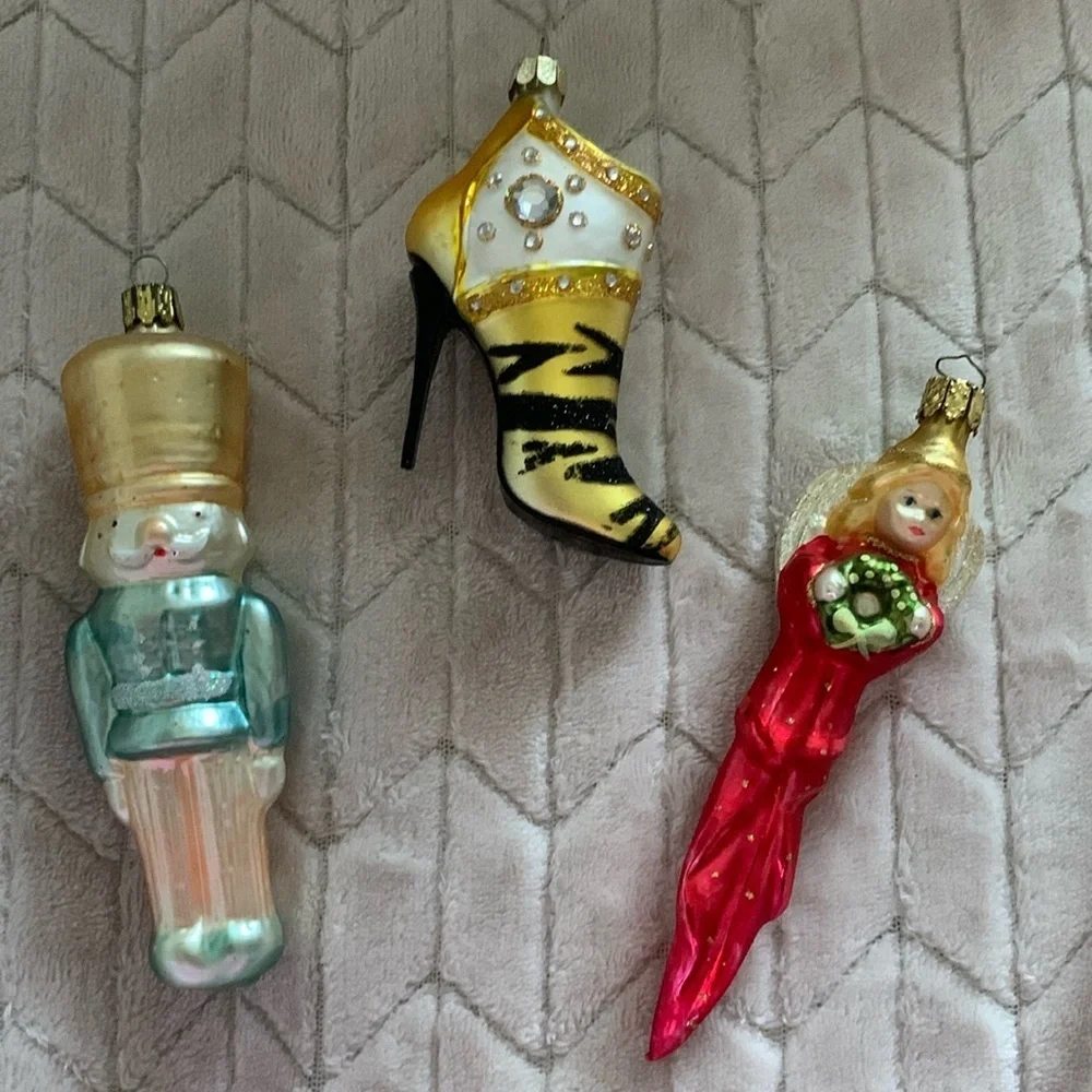 Set of 3 Lillian Vernon Glass Nutcracker angel & heel Ornaments Made‎ in Germany